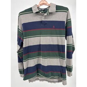 Polo Ralph Lauren Mens L Long Sleeve Stripe Polo Shirt Grey Green Navy USA Y2K